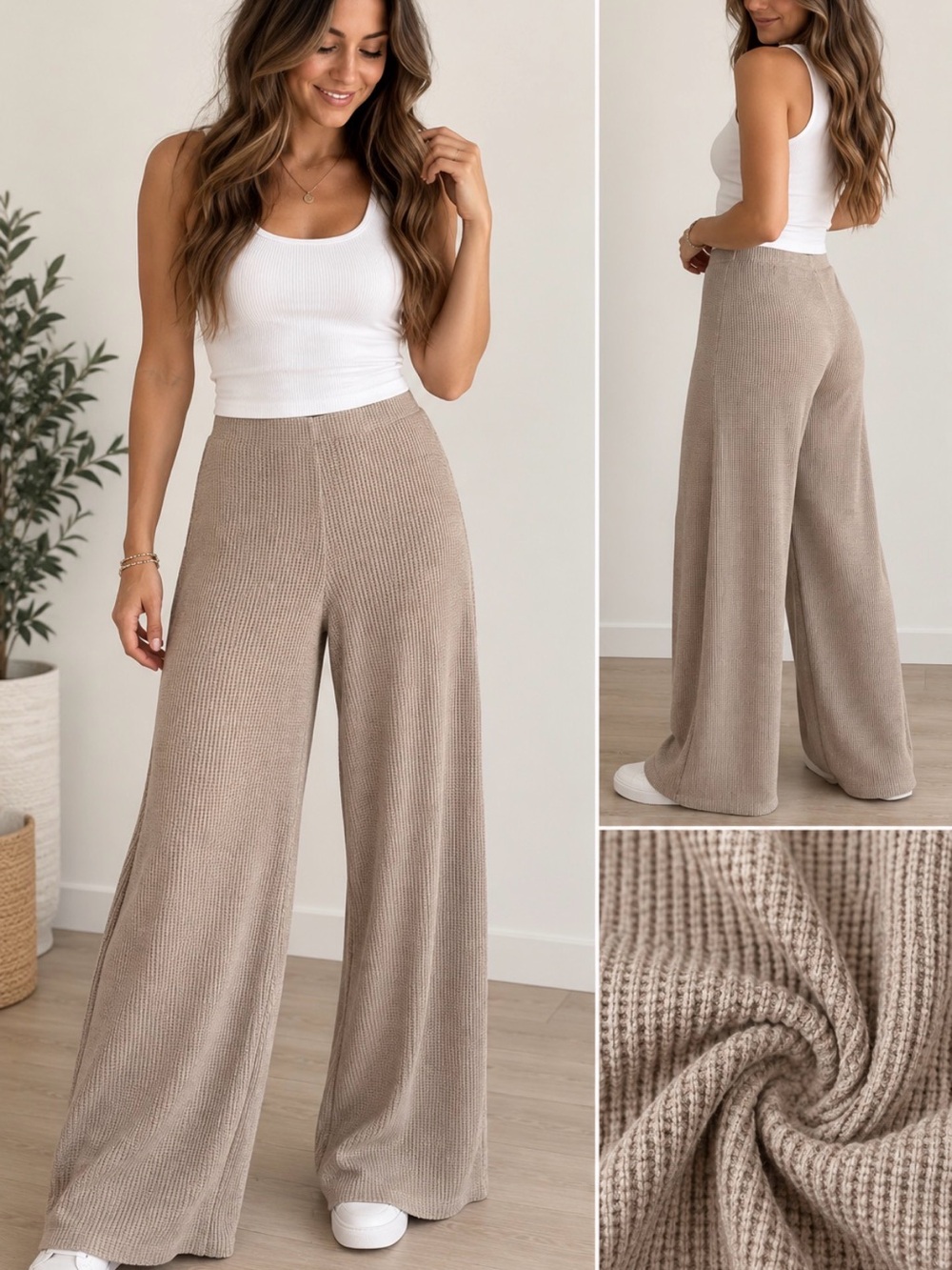 Zenana Outfitters Wide-Leg Knit Pants in Taupe